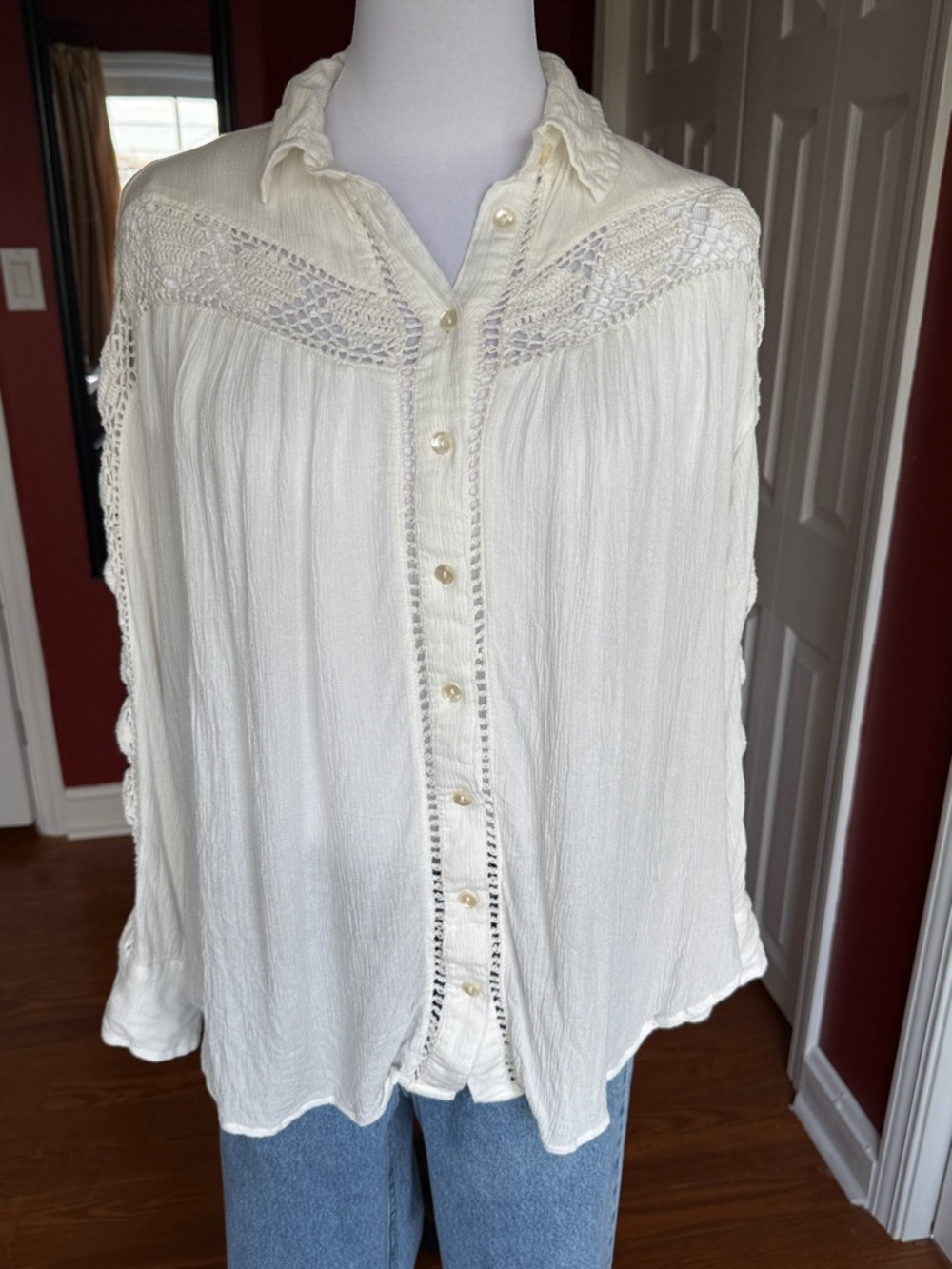 Free People Cream Boho Crochet Lace Flowy Button Up Top